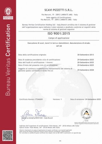 Certificate IT346201 SCAVI PIZZETTI S.R.L 9001 scad.2028