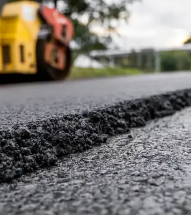 Primo piano di asfalto appena steso su strada con rullo compressore in lavorazione sullo sfondo.